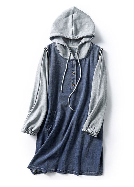 Modern denimklänning med huva för kvinnor, midilängd. Långärmad för trendig och bekväm avslappnad stil.