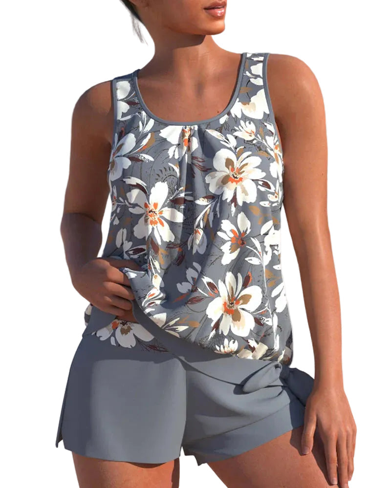 Trendig svart tankini för kvinnor med blommigt mönster, perfekt för strand och pool.