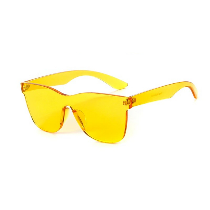 Trendiga fyrkantiga solglasögon utan båge i godisfärger för dam. Perfekta sommaraccessoarer med UV400-skydd.