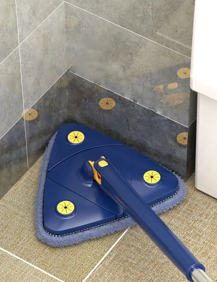 Vit och grå självrider mopp med triangelhuvud, visar dess smarta design för golvstädning.