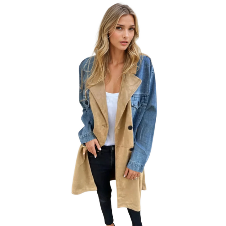 Tvåfärgad dam-trenchcoat, medellång dubbelknäppt klassisk stil för höst och vår.