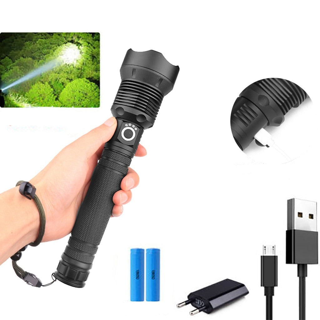 Vattentät teleskopisk LED-ficklampa, perfekt för camping, äventyr & stark belysning utomhus.