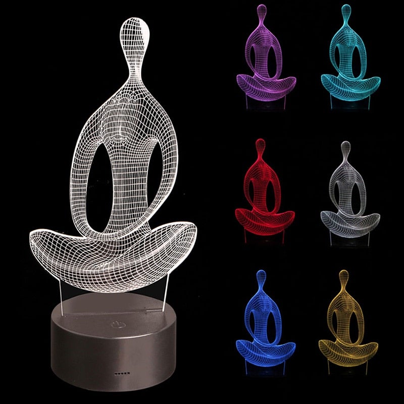 Unisex 3D Yoga illusionslampa med färgskiftande LED-ljus i meditationsställning, perfekt för stämningsbelysning.
