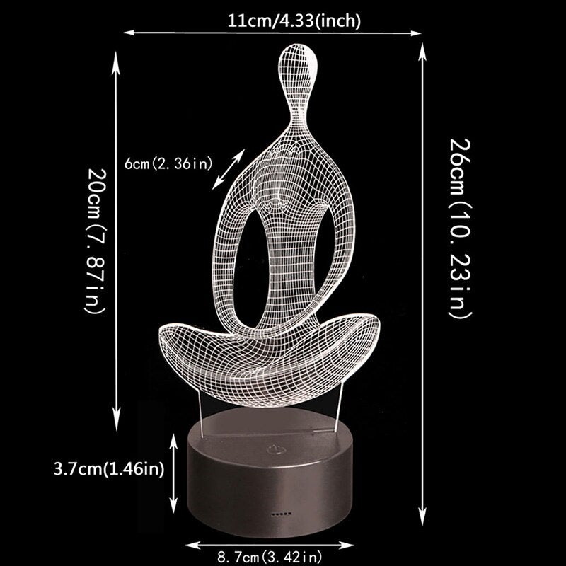 Elegant 3D yoga-lampa, färgskiftande LED-belysning med touch-kontroll. Idealisk för meditation och inredning.