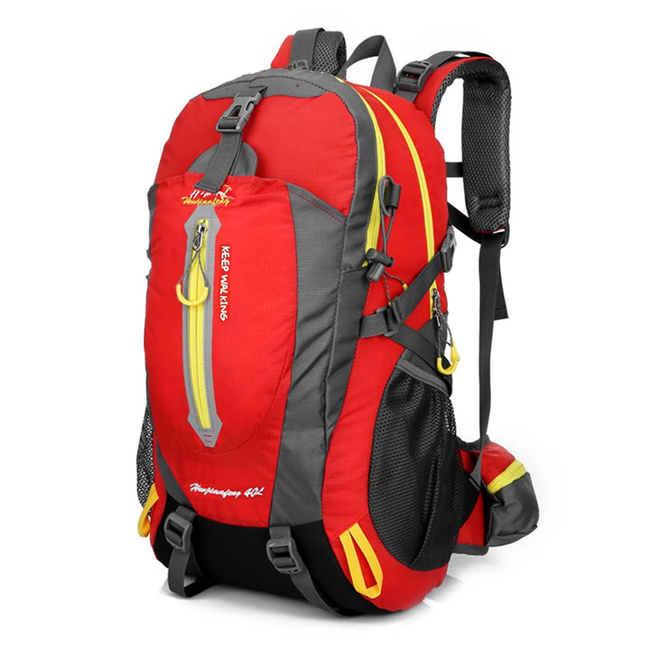Unisex 40L reseryggsäck i grått, perfekt för camping och trekking, med justerbara remmar.