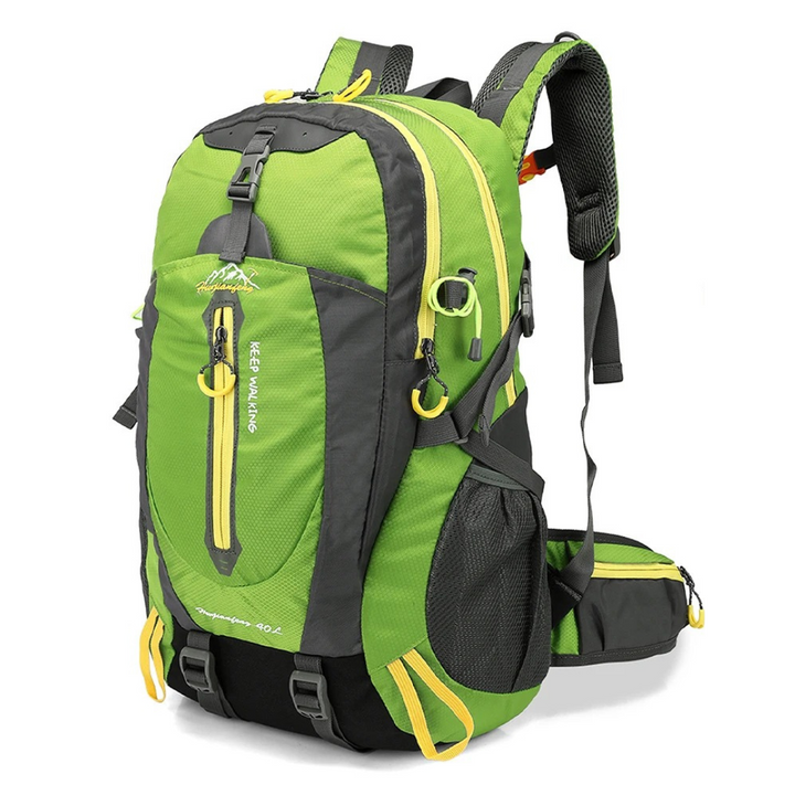 Unisex 40L svart ryggsäck med flera fack, idealisk för resor och vandring, med öppen toppficka.