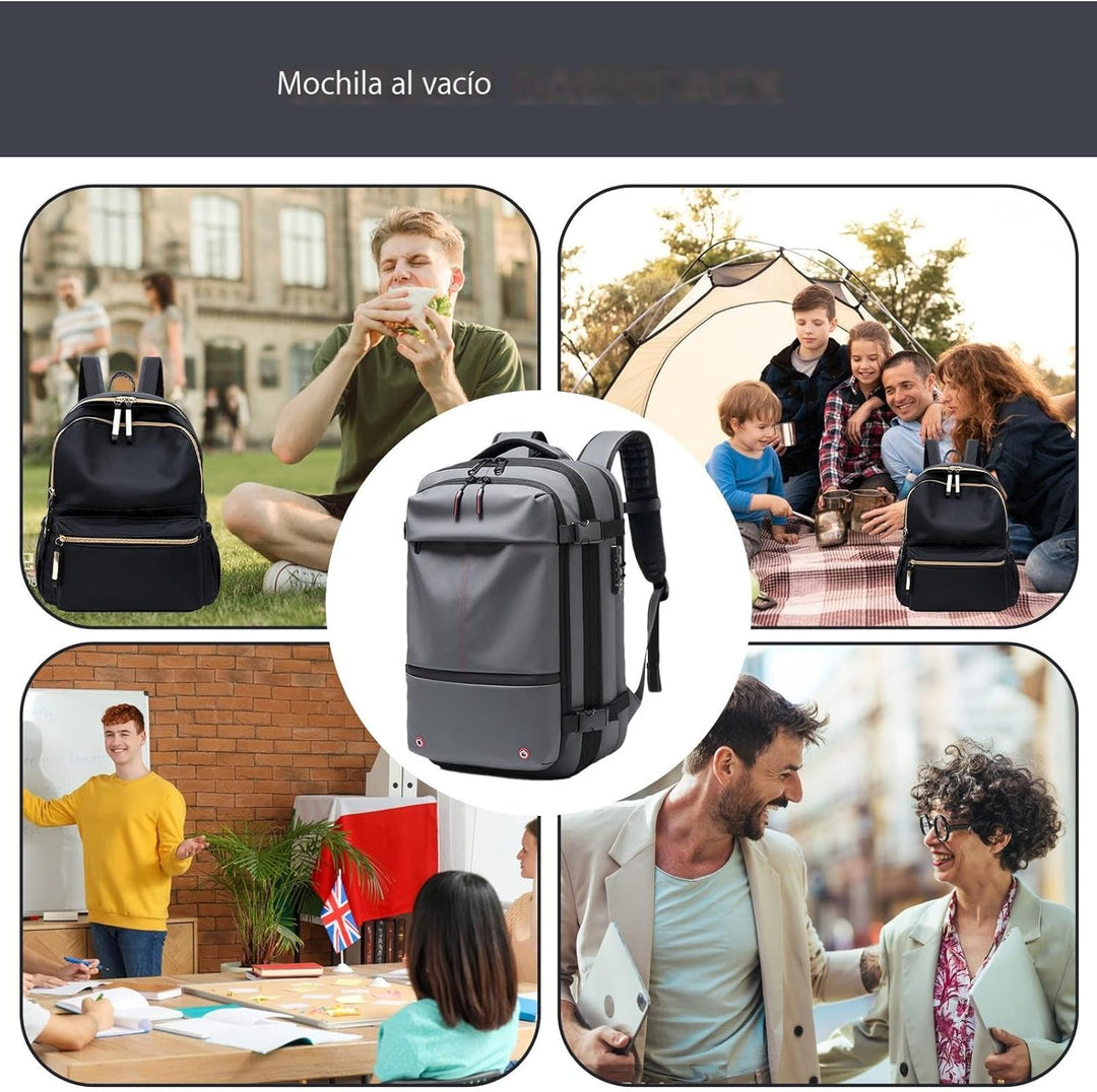 Unisex 60L ryggsäck med laptopfack, expanderbar. Vattentät design för säkra resor.