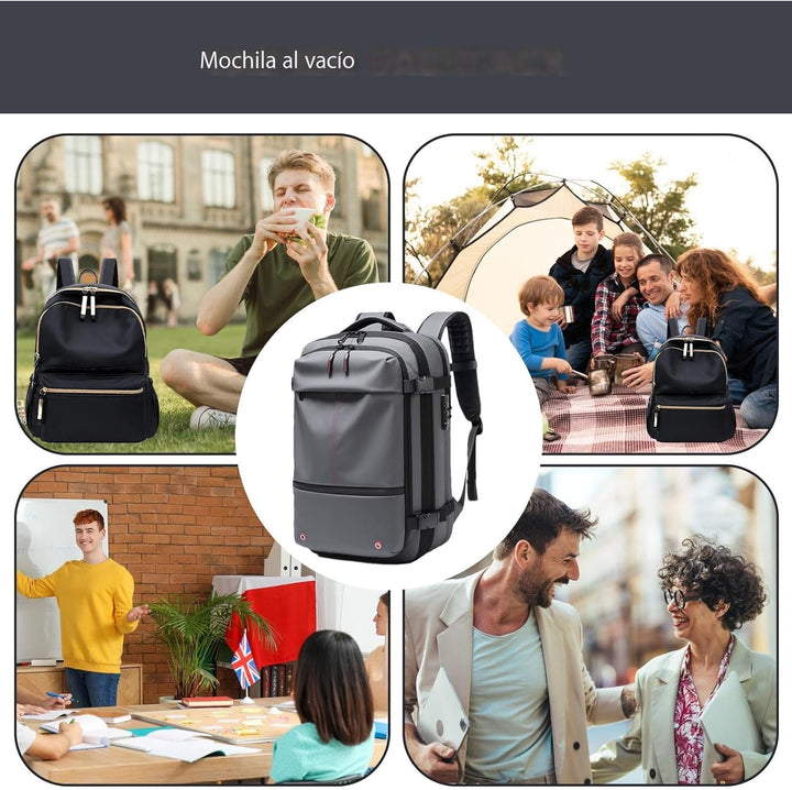 Unisex 60L ryggsäck med laptopfack, expanderbar. Vattentät design för säkra resor.