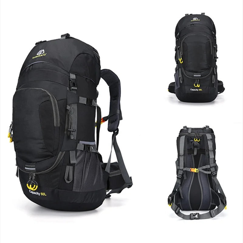Vattentät campingryggsäck 60L, unisex, redo för utomhusäventyr. Slitstark för packning & resor.