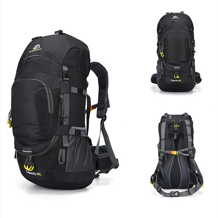 Vattentät campingryggsäck 60L, unisex, redo för utomhusäventyr. Slitstark för packning & resor.
