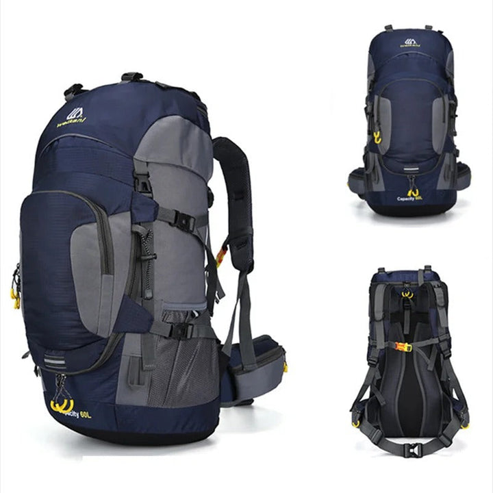 Stor 60L ryggsäck för resor och äventyr, vattentät för all slags väder. Unisex design för sport.