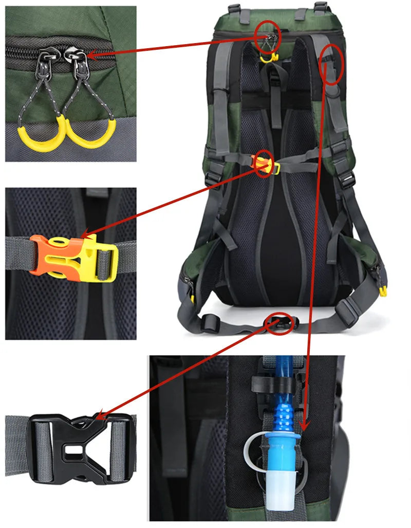 Slitstark 60L vattentät ryggsäck, utformad för krävande utomhusbruk. Unisex för vandring & sport.