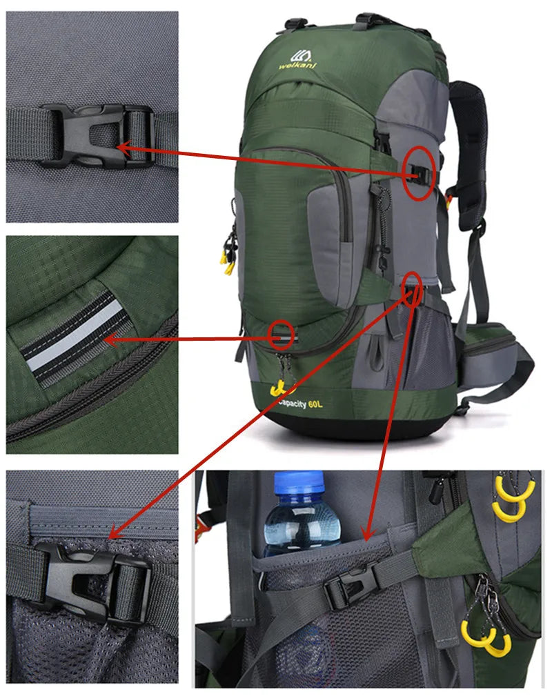 En 60L ryggsäck med stor packvolym, vattentät för utomhusäventyr. Perfekt för camping & resor.