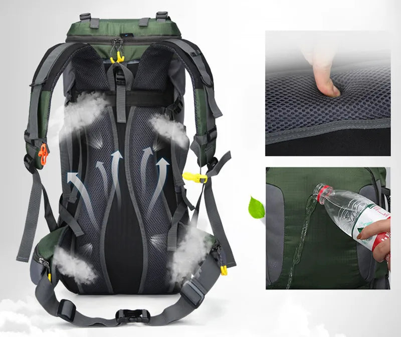 Mångsidig unisex 60L ryggsäck, vattentät & redo för vandring, camping och friluftsliv.