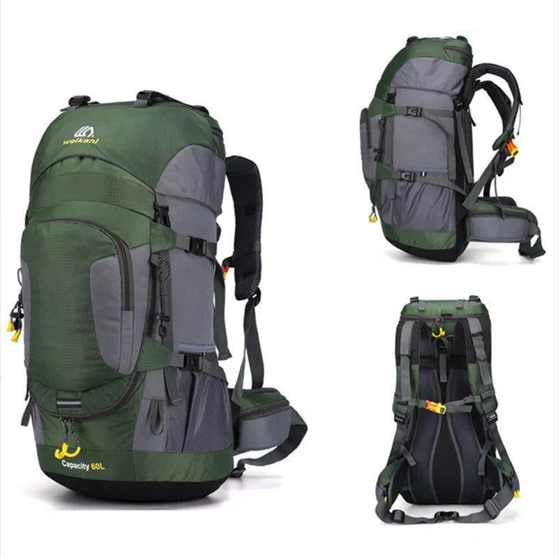 Ergonomisk 60L vandringsryggsäck, vattentät med justerbara remmar. Unisex för optimal komfort.