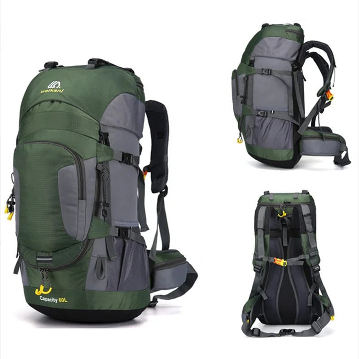 Ergonomisk 60L vandringsryggsäck, vattentät med justerbara remmar. Unisex för optimal komfort.