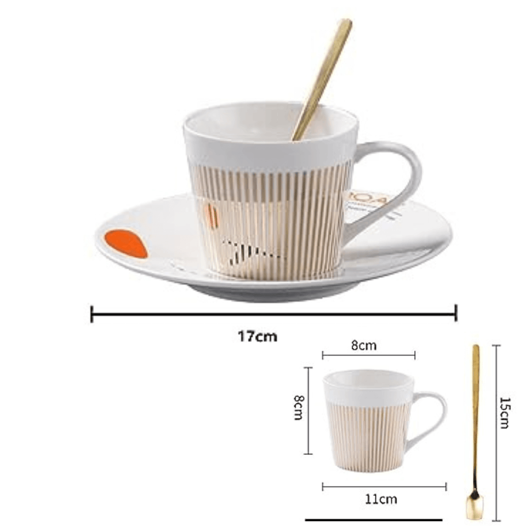 Elegant animerad keramisk kaffekopp, fat och sked, en charmig detalj till köket, 300ml.