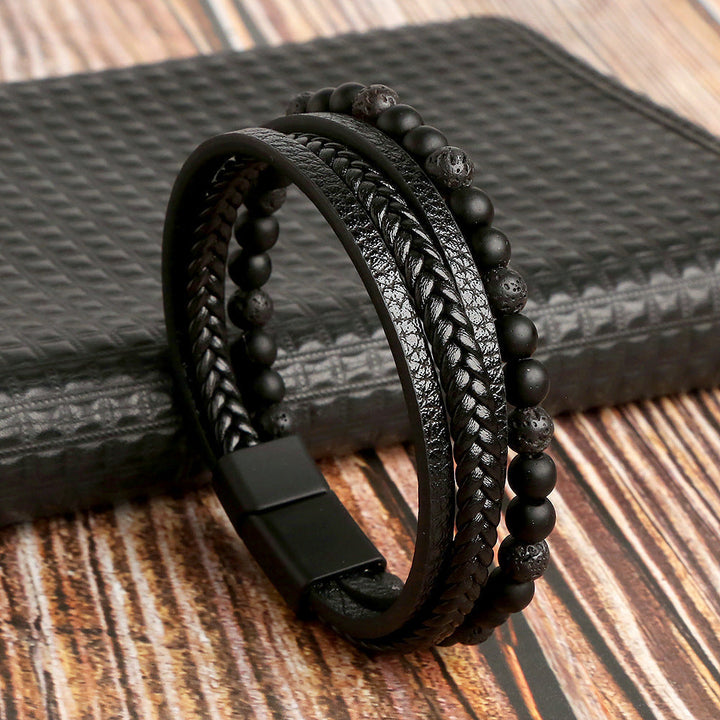Elegant flätat konstläderarmband & matchande pärlband. Unisex design, justerbart för bekväm passform.