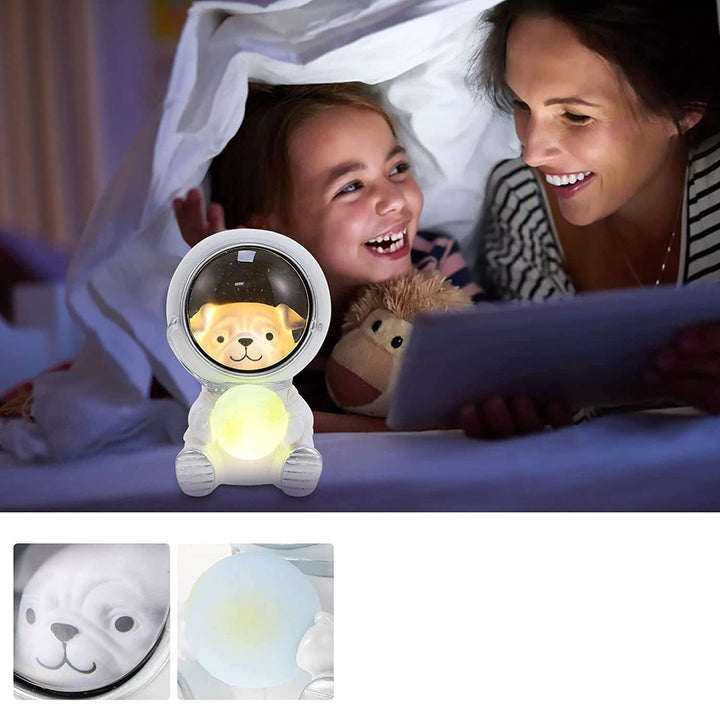 Astronaut djur-nattlampa i harts, robust och säker LED-belysning för barnets sovrum.