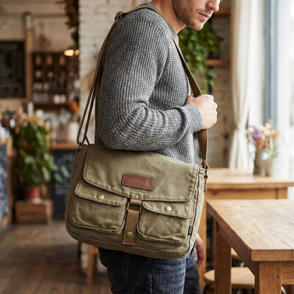 Unisex axelremsväska i vintagestil, kompakt canvasväska för vardag & resor. Slitstark crossbodyväska.