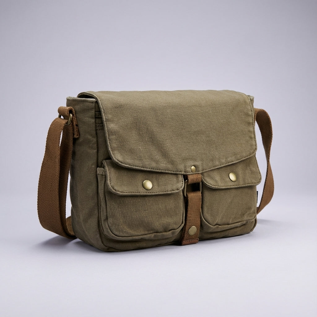 Slitstark canvas axelremsväska i vintagestil. Unisex crossbodyväska perfekt för vardagsbruk & resor.