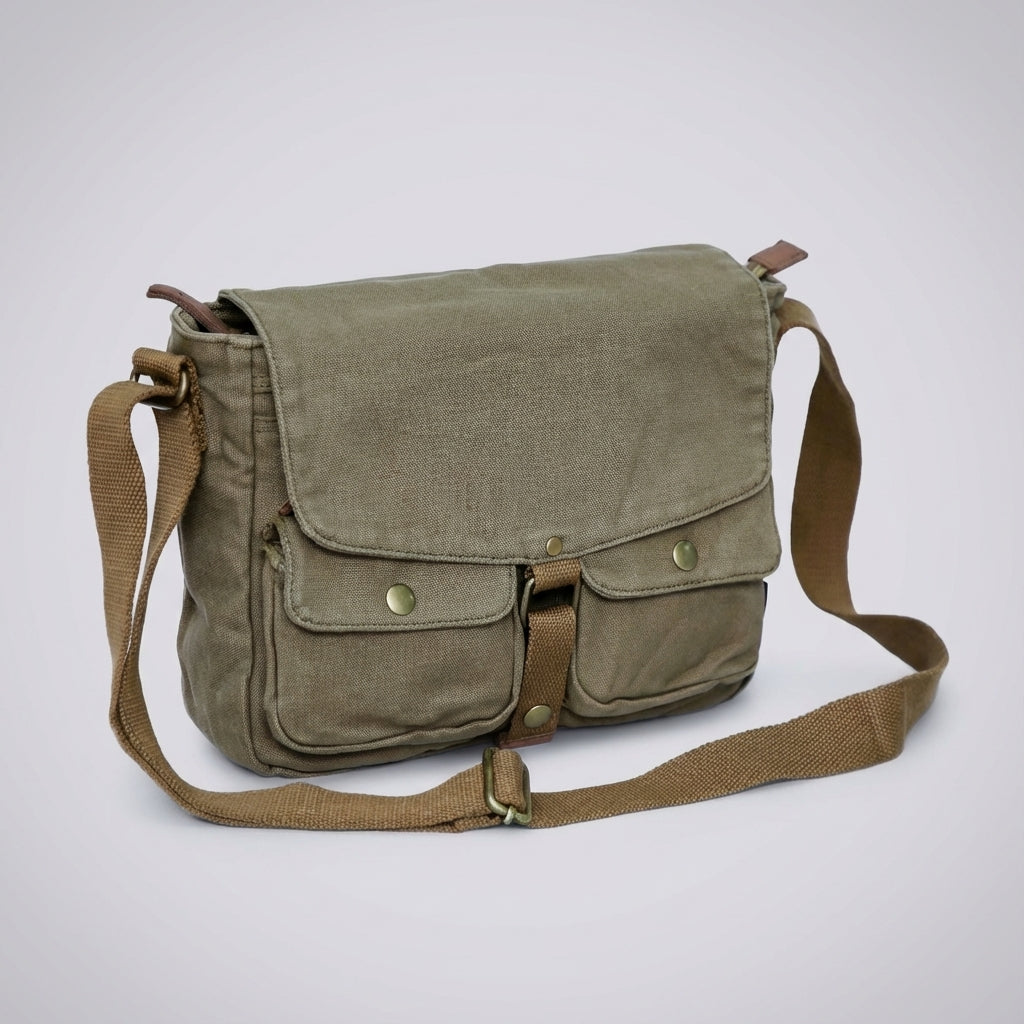 Mångsidig unisex axelremsväska i vintagestil. Kompakt canvas crossbodyväska, idealisk för resor.