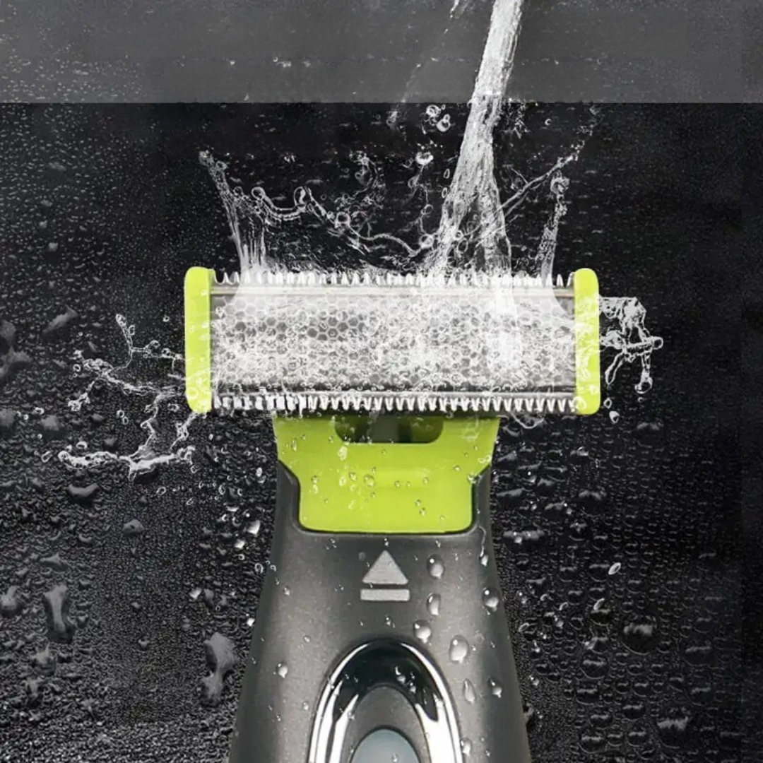 Unisex trimmer för kroppsvård, visar dess ergonomiska grepp och bärbara storlek.