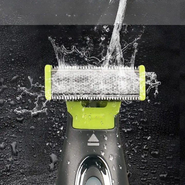 Unisex trimmer för kroppsvård, visar dess ergonomiska grepp och bärbara storlek.
