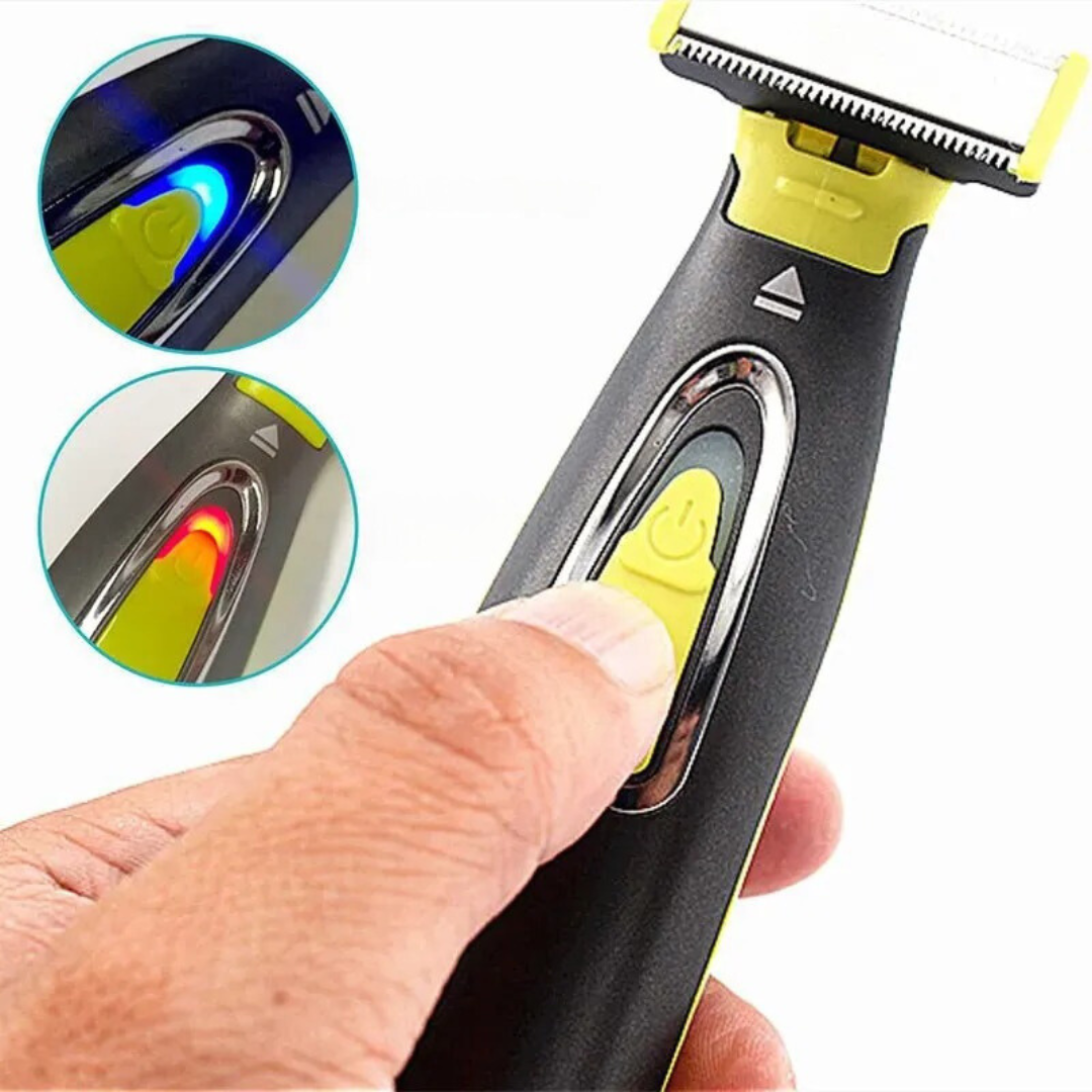 Förpackning med bärbar elektrisk rakapparat för kroppsrakning, framhäver dess unisex-användning.