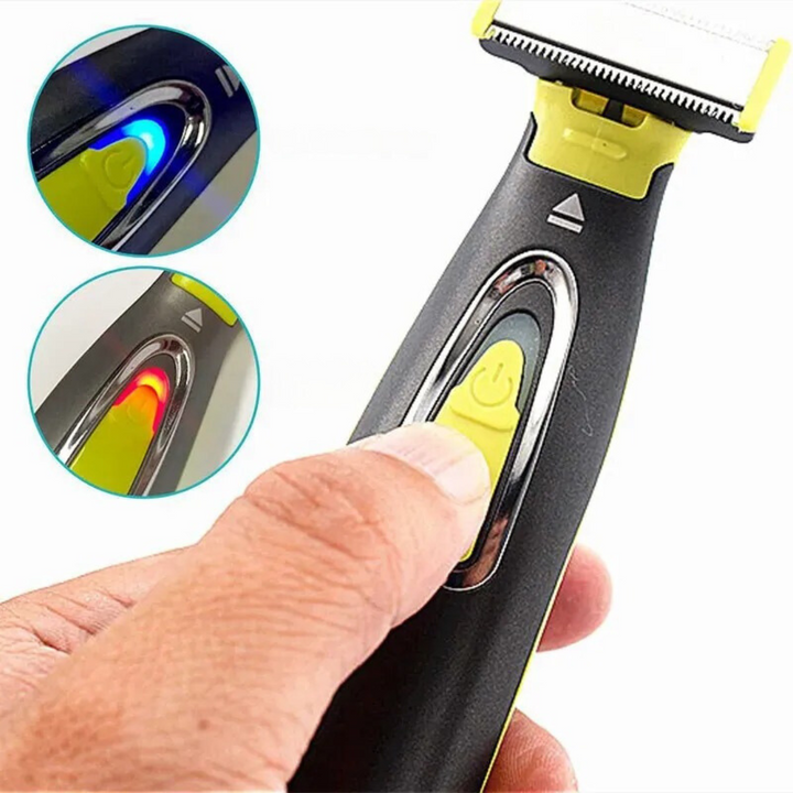 Förpackning med bärbar elektrisk rakapparat för kroppsrakning, framhäver dess unisex-användning.