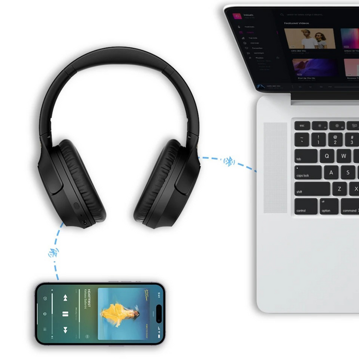 Trådlösa Bluetooth-hörlurar för alla, med kraftfull brusreducering och fylligt ljud. Perfekta för resor.