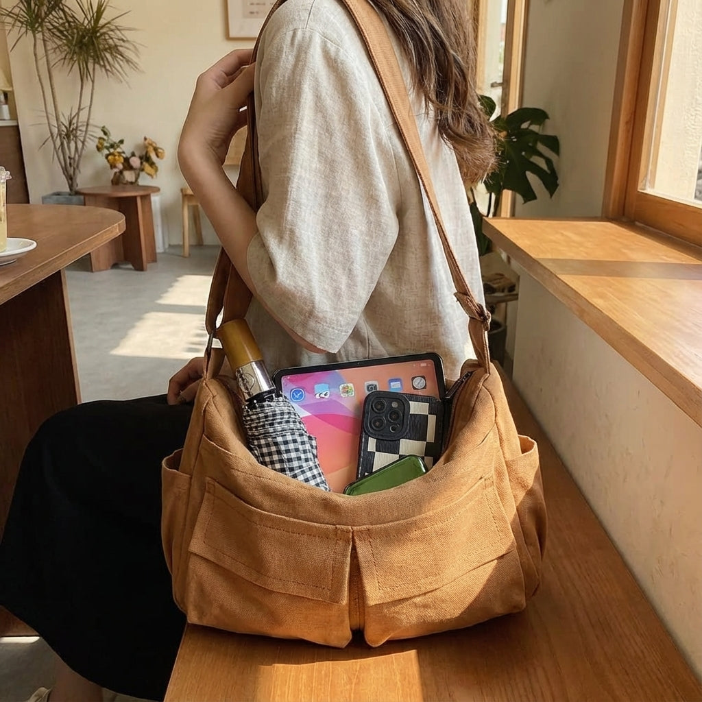 Unisex canvas crossbodyväska, organiserad messengerväska för vardagsbruk. Stilren axelväska.