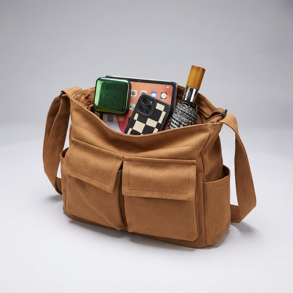 Stilren unisex canvas axelväska. Mångsidig och slitstark crossbody-messenger för en organiserad vardag.