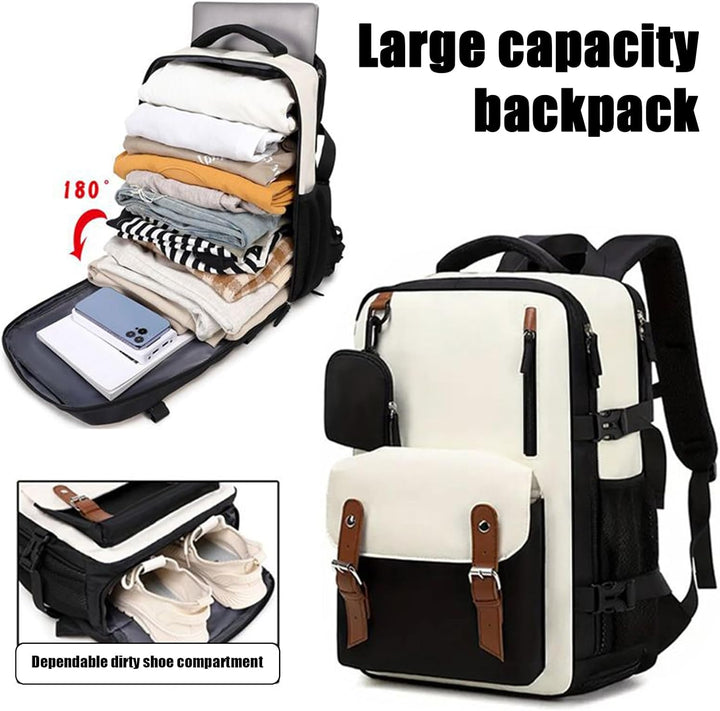 Elorio reseryggsäck fylld med packning, visar stor kapacitet. Vattentät, expanderbar, unisex för resa, arbete, fritid.
