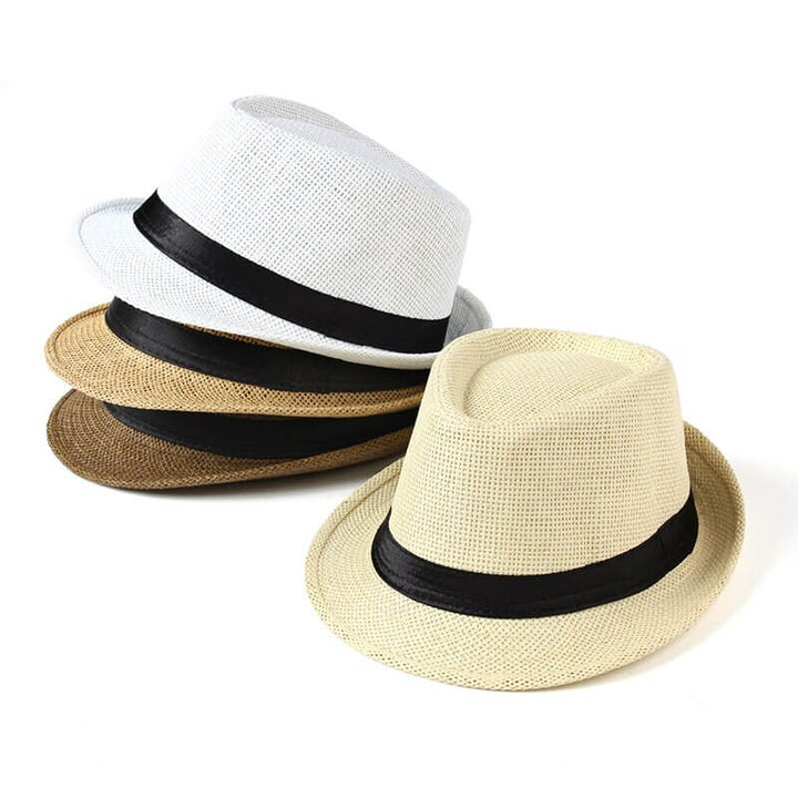 Unisex fedora halmhatt för sommarbruk, framifrån, perfekt för solskydd på semestern.