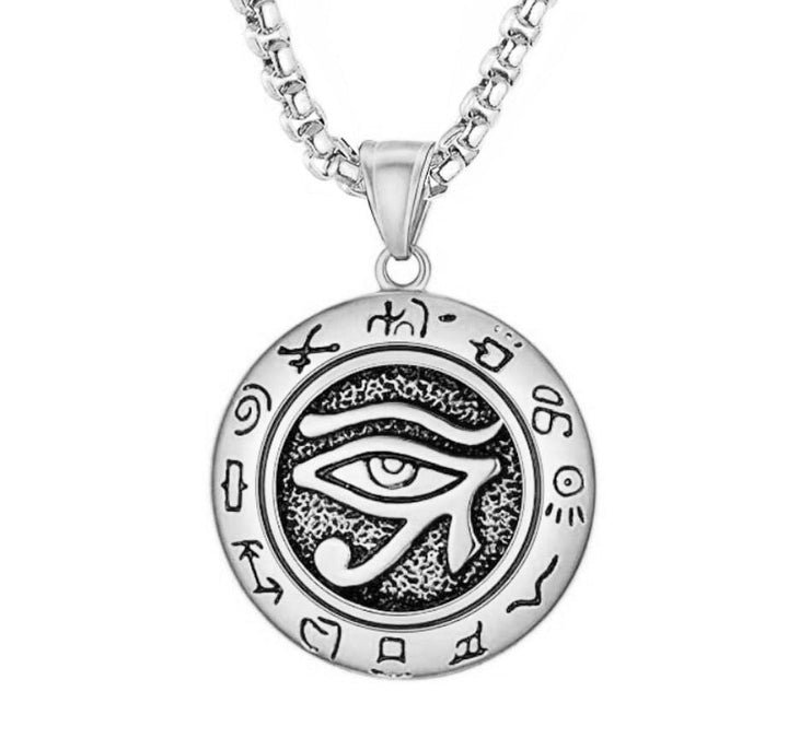 Unisex Horus öga halsband i rostfritt stål, en egyptisk symbol för skydd och visdom.