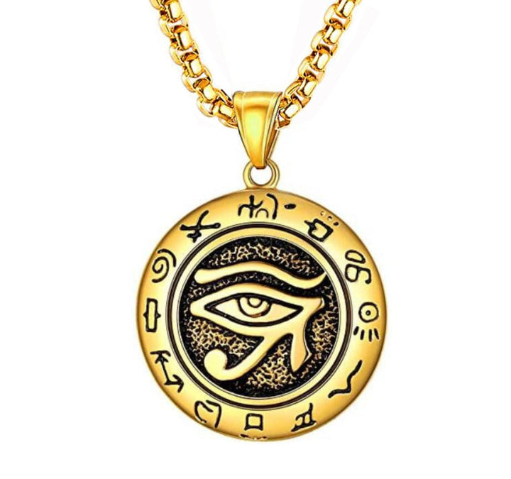 Vackert egyptiskt Horus öga halsband, ett snyggt och meningsfullt statement-smycke i stål.
