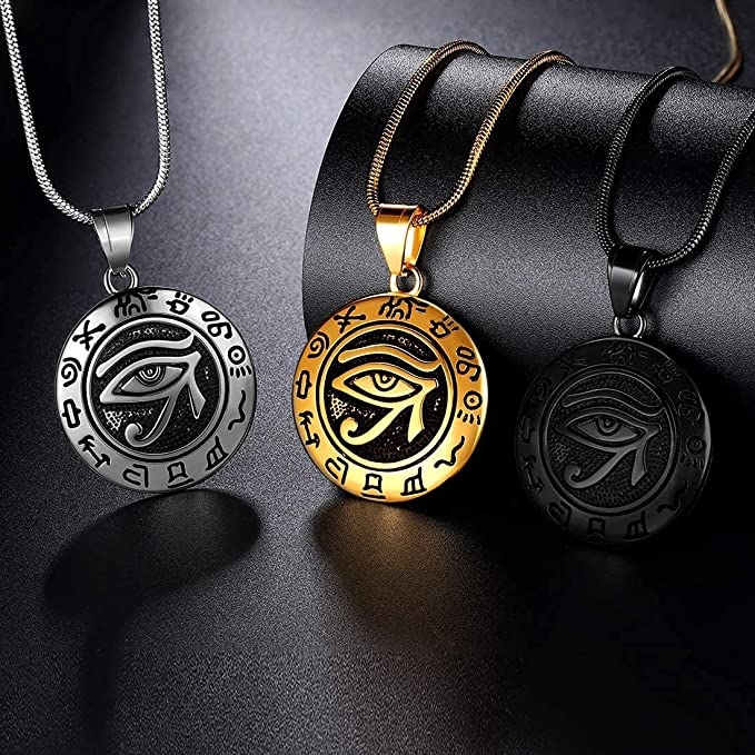 Komplett Horus öga halsband med kedja i rostfritt stål, accentuerar den forntida symbolen.