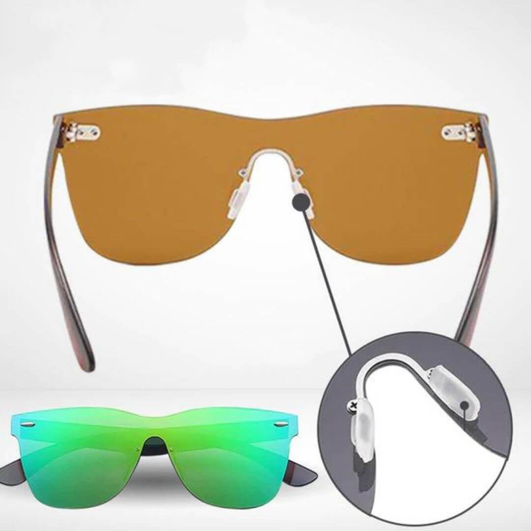 Unisex Infinity solglasögon med innovativ båglös design och speglade linser, viktig accessoar för friluftsliv.