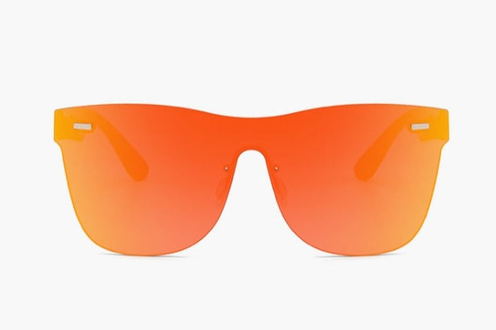 Modern designade unisex solglasögon, Infinity-modell, med slimmade, båglösa spegellinser.