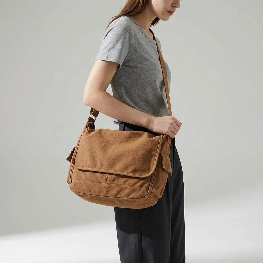 Grön slitstark unisex canvas messenger bag. Vintage axelväska för jobb, skola eller resor med praktiska fack.