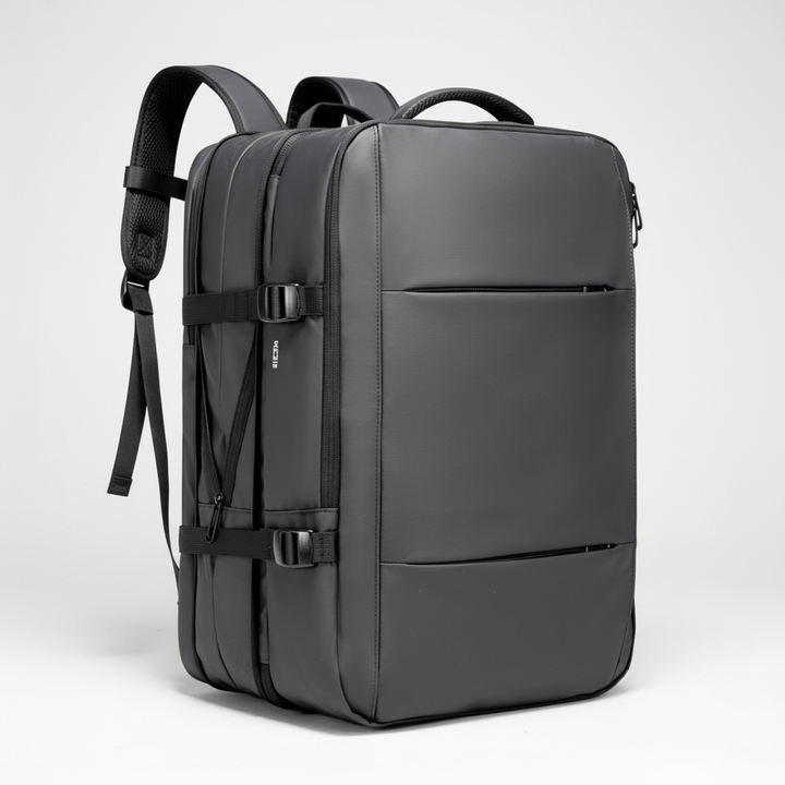 Stor unisex laptopryggsäck med flera fack, USB-laddning, perfekt för organisation.