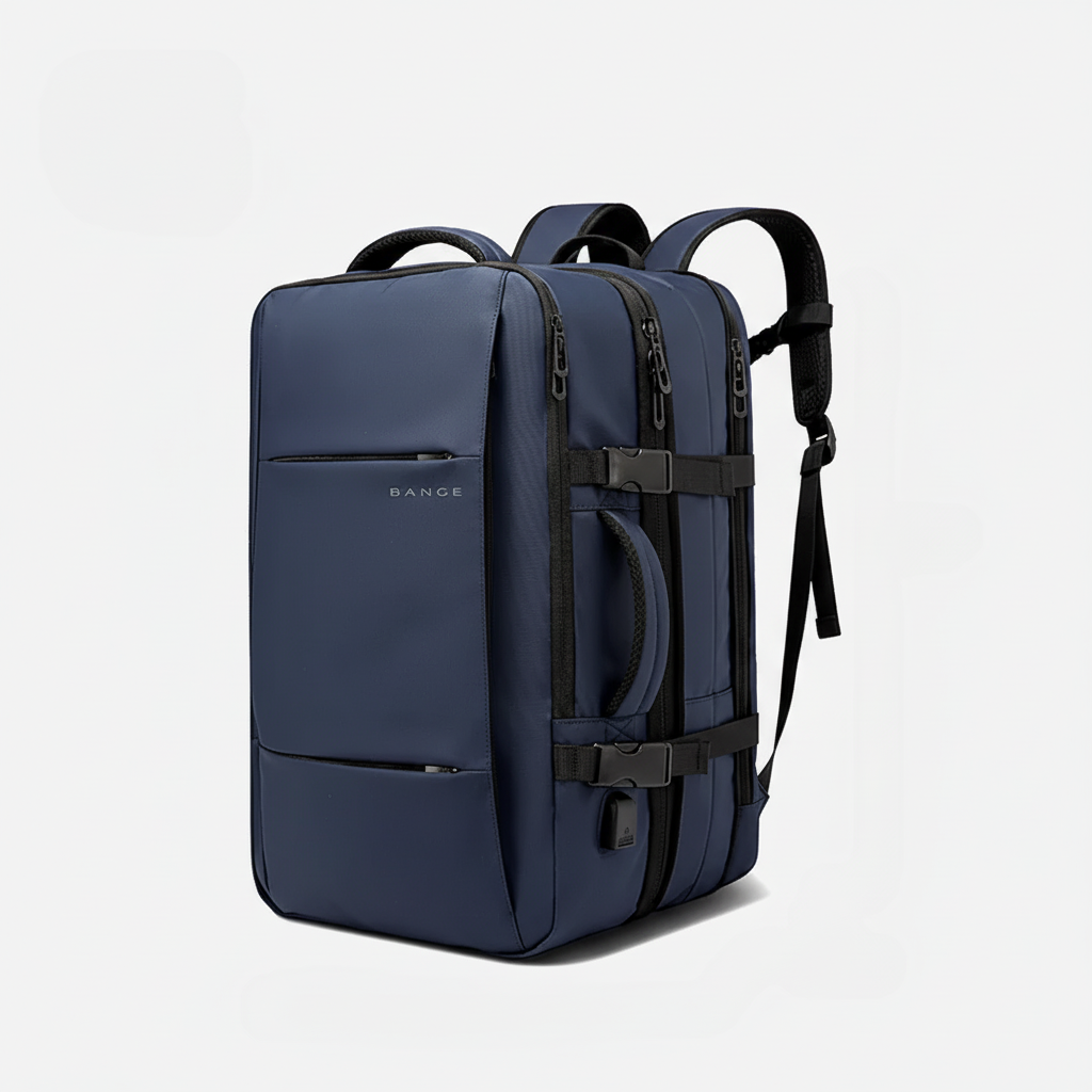 Öppen stor datorryggsäck unisex, visar organiserade fack för laptop, surfplatta och tillbehör.