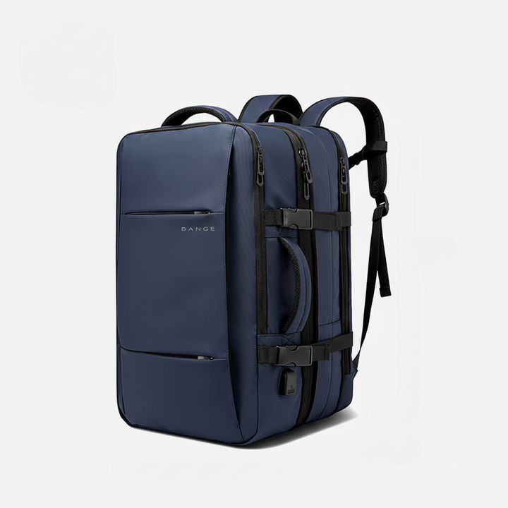Öppen stor datorryggsäck unisex, visar organiserade fack för laptop, surfplatta och tillbehör.