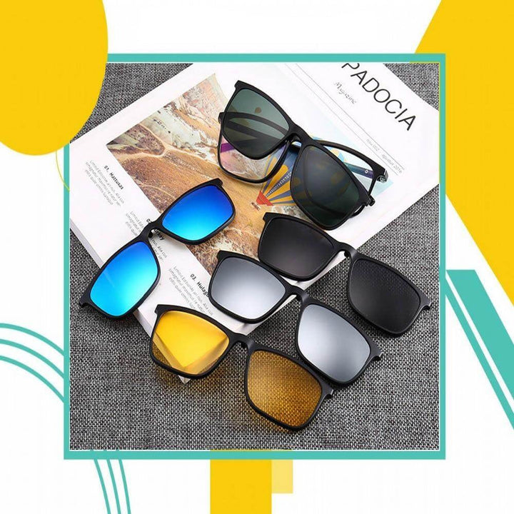 Flexibla unisex solglasögon med magnetiska clips, ger optimal sikt och skydd mot UV-strålar.