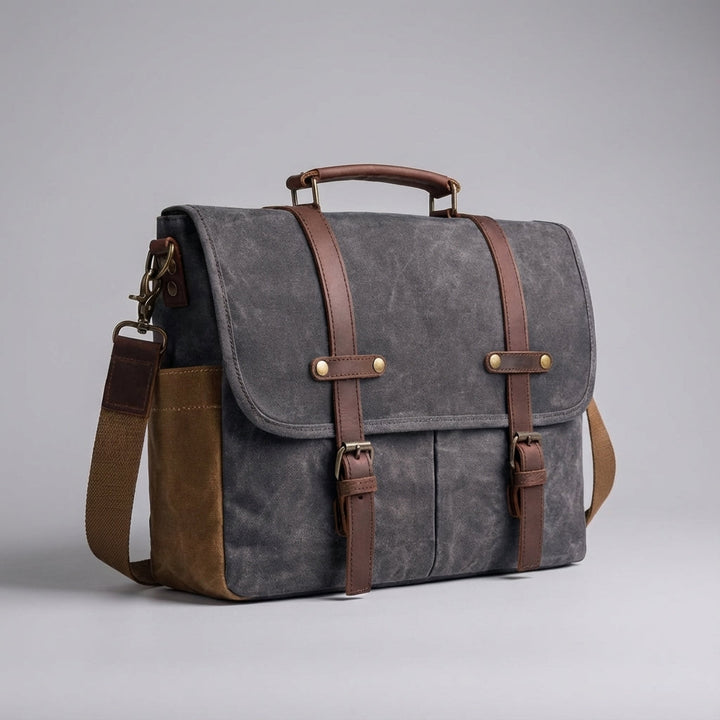 Detaljbild av MetroSatchel unisex läderväska: robust material och blixtlåsfickor för förvaring.