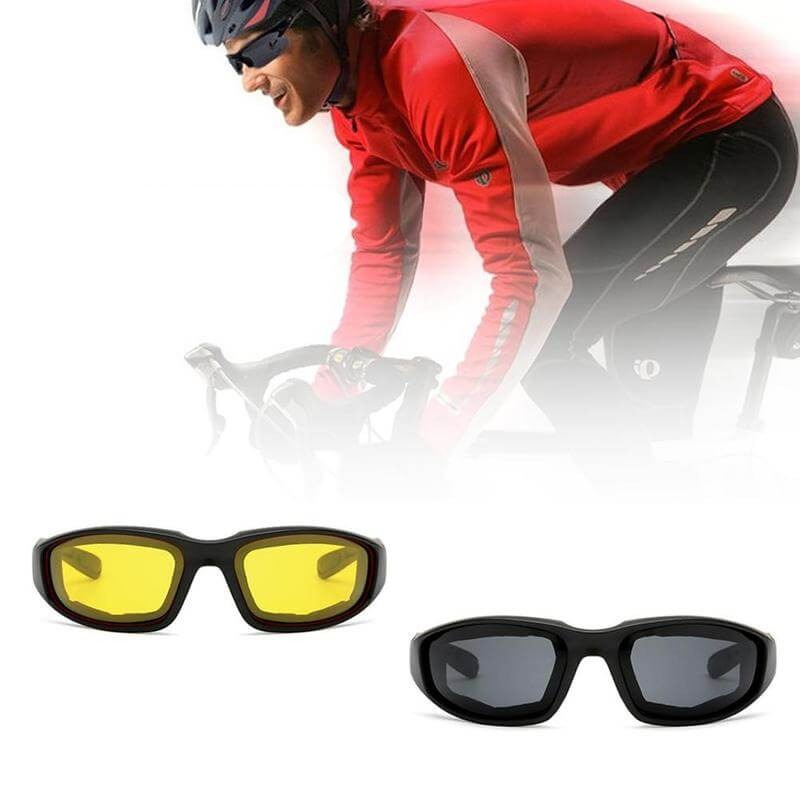 Svarta unisex skyddsglasögon för motorcykel, med robust design och solskyddsfunktion.