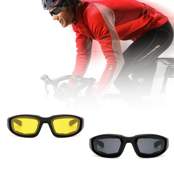 Svarta unisex skyddsglasögon för motorcykel, med robust design och solskyddsfunktion.