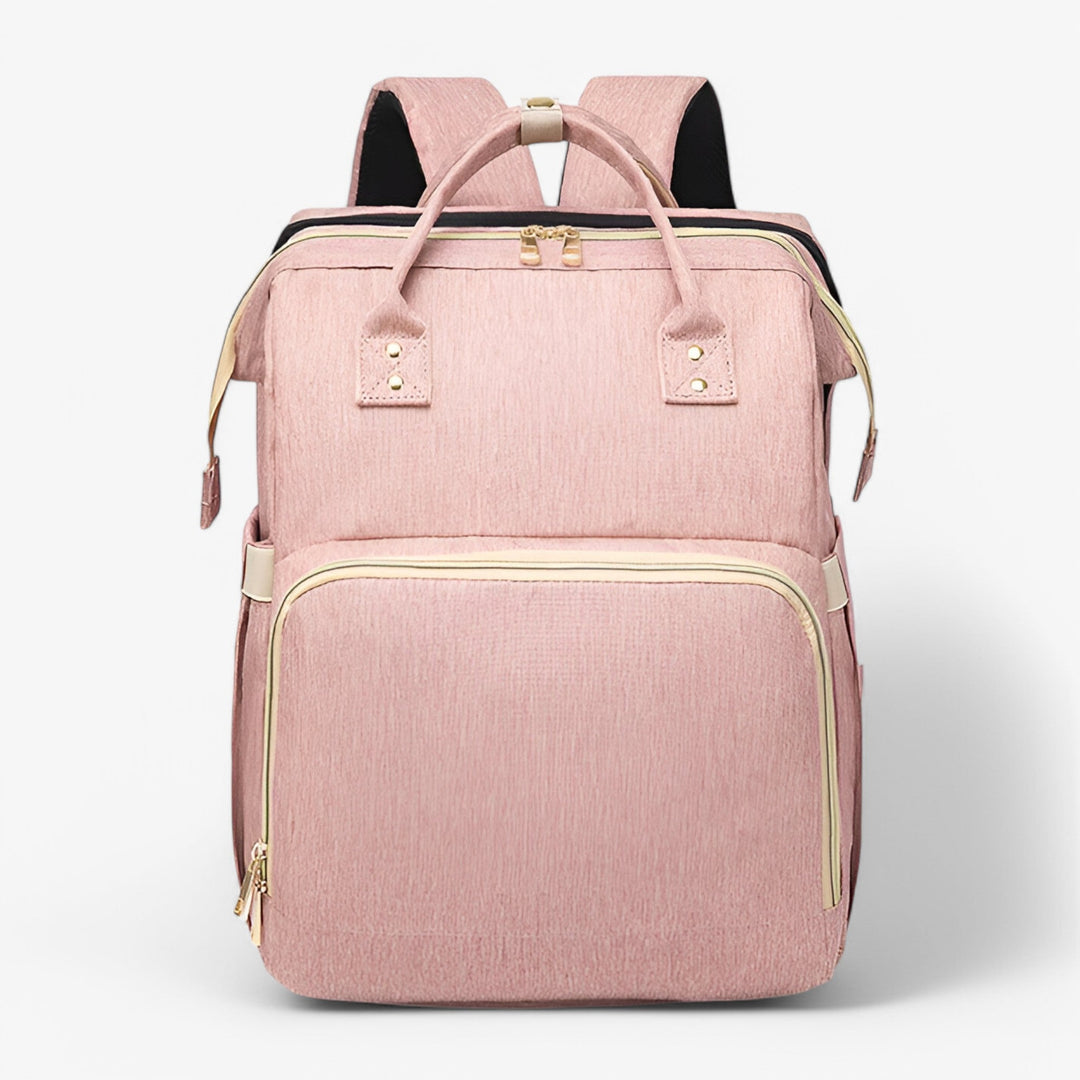 Modern unisex skötväska med smart förvaring. Lätt att bära, utdragbar babysäng för barnet.