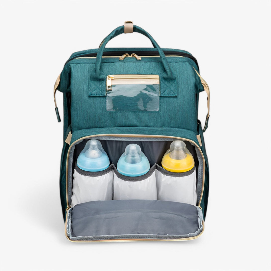 Stilren unisex ryggsäcksskötväska med integrerad portabel babysäng. Optimal förvaring för bebis.